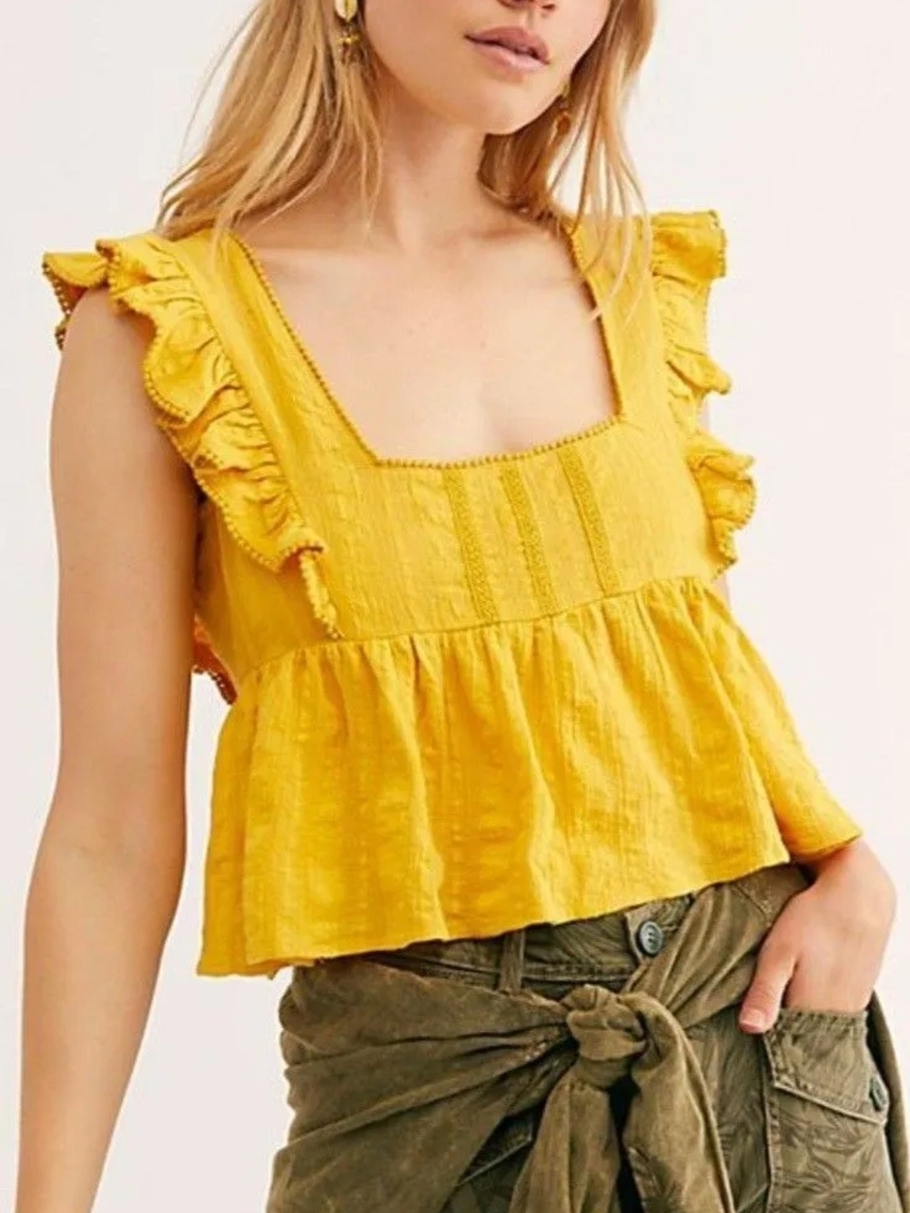 Free People Yellow Ruffled Square-Neck Blouse Size XS